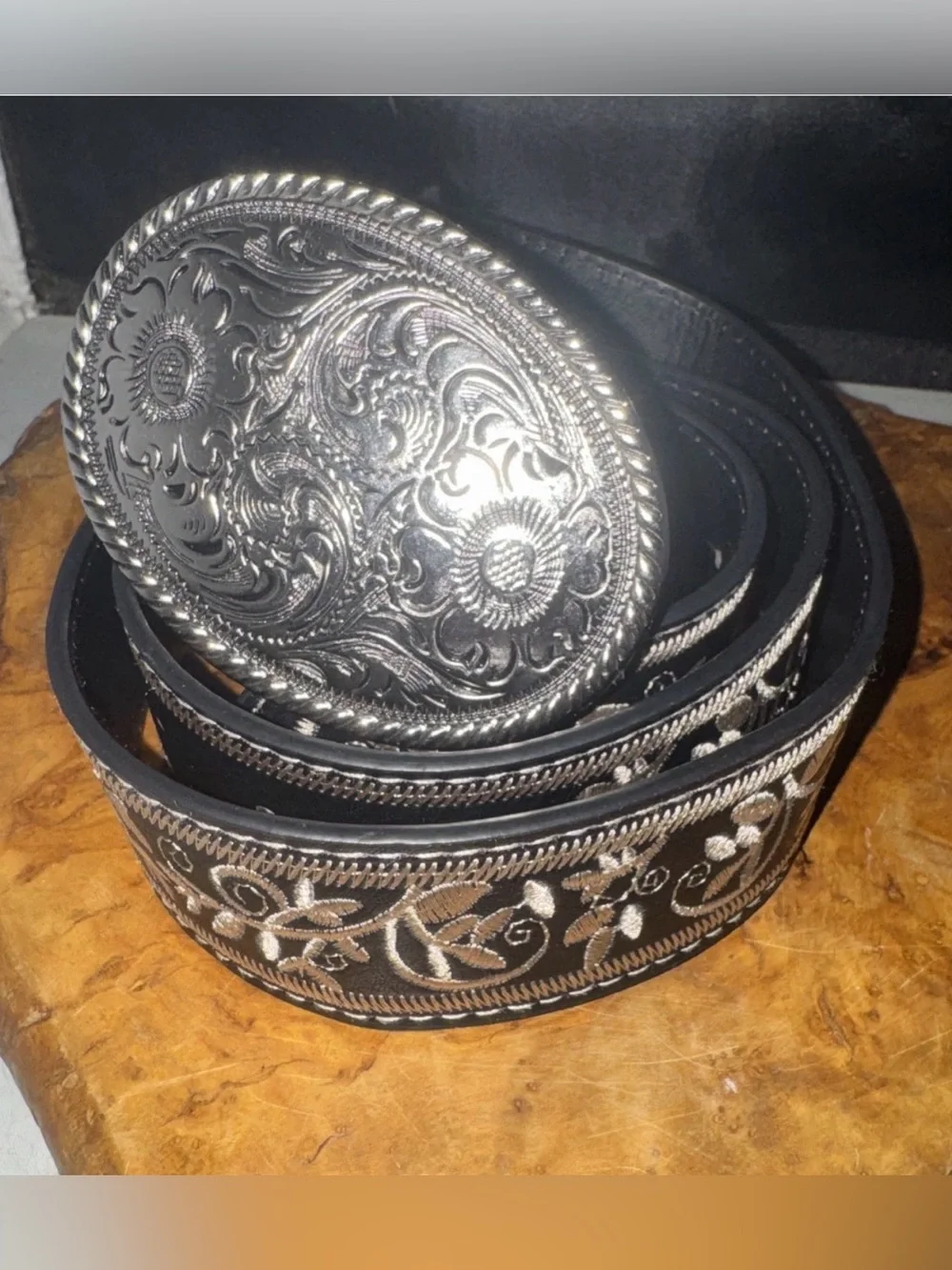 Embroidered ladies Black Leather Belt with Ornate Silver Buckle